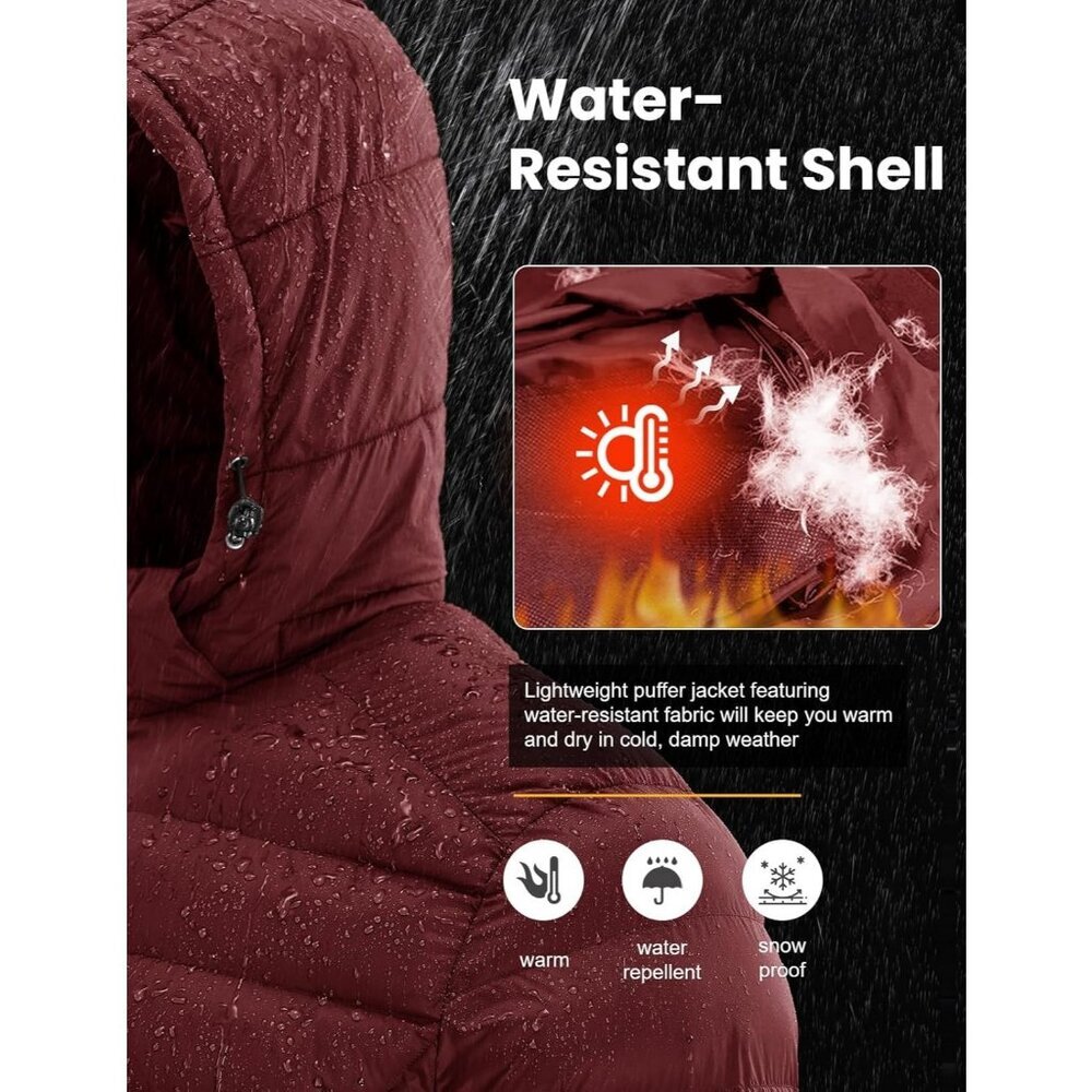 Men’s Wine Red 100% Nylon Hooded Zip-Up Lightweight Warm Winter Puffer Jacket - Picture 7 of 7